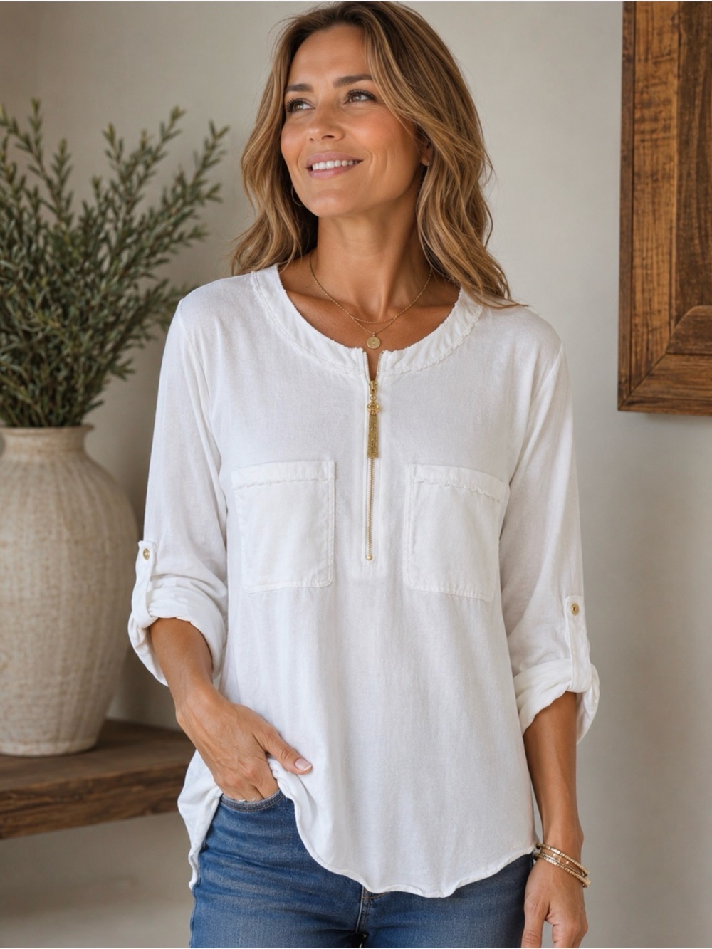 Anne Klein White Zip Front Pocket Tunic 100% Cotton Casual Sz 1X